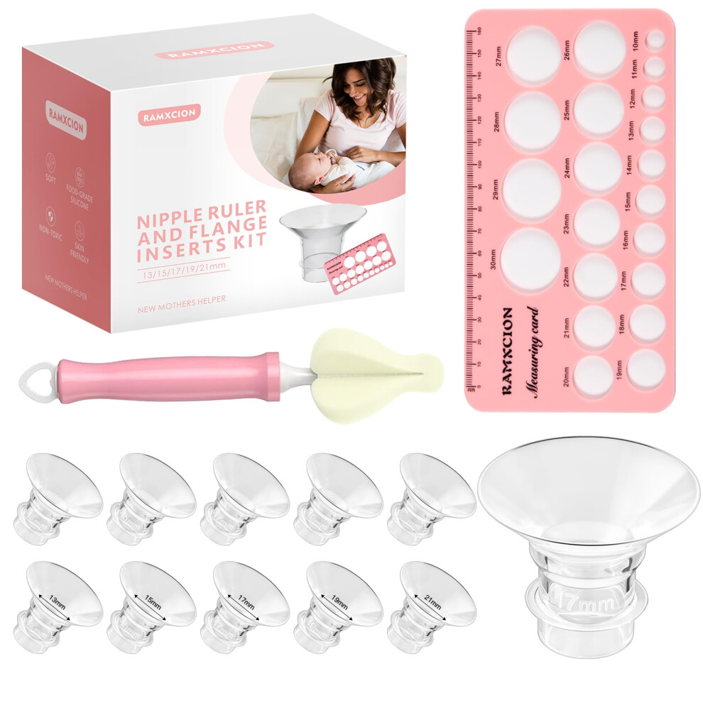 Ramxcion Nipple Rulers With 10Pcs Flange Inserts 13/15/17/19/21Mm Compatible With 24Mm Flanges/Shield Of Most Breast Pumps, Silicone Flange Sizing Br