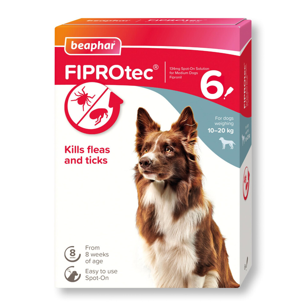 Beaphar - Fiprotec Spot-On For Medium Dogs (10– 20Kg) - Kills Fleas & Ticks - Vet Strength Treatment - 6 Pipettes