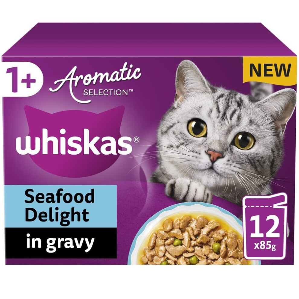 WHISKAS Cat Pouches Aromatic Seafood in Gravy 4x 12x85g – Delicious Wet Cat Food with Seafood Flavor