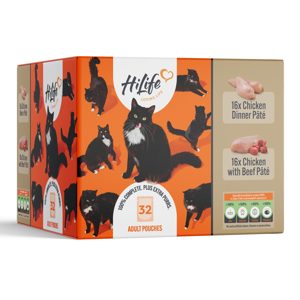 HiLife Adult Wet Cat Food - Mixed Chicken Pate, Grain Free - 32 x 70g Pouches
