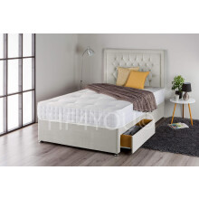 (6ft, 2 Drawers) Light Silver Plush Divan Bed Set with Sprung Mattress and Matching Nina Diamante Headboard
