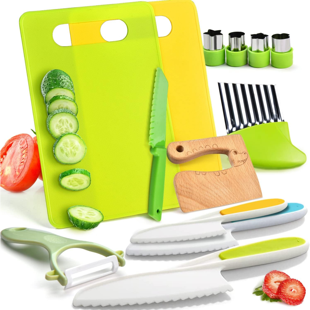 13 Pieces Wooden Kids Kitchen Knifes-Toddler Safe Knives Set for Real Cooking With Plastic Toddler Safe Knives/Crinkle