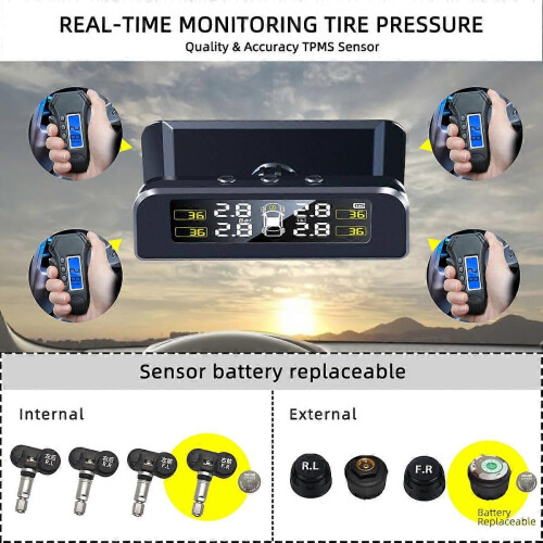 (TPMS-stil A) TPMS Interna externa sensorer Däcktrycksövervakningssystem Trådlös Solar med 4 externa 1