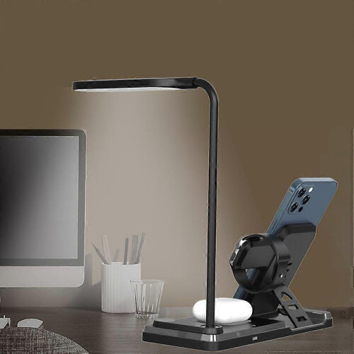 Lampe de bureau LED (B-USB Blanc) avec chargeur sans fil, lampe de table à intensité variable pour iPhone 2