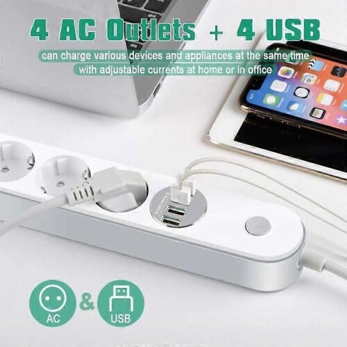 Multipresa con protezione da sovratensione, 4 prese e 4 prese USB - Bianca - Tipo E - 10 A - 2 m 1