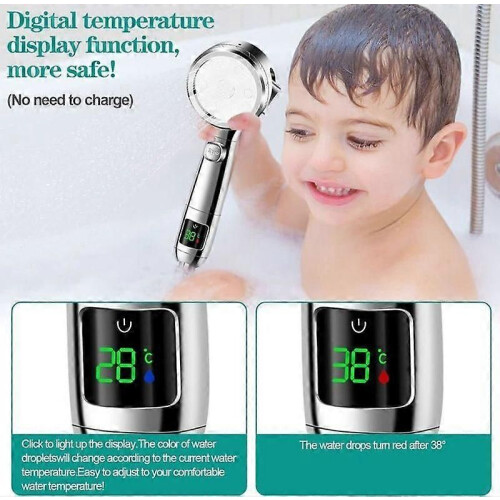 LED Temperature Display Shower Head 4 Shower Modes with Pause Button High Pressure Water Saving Shower 1