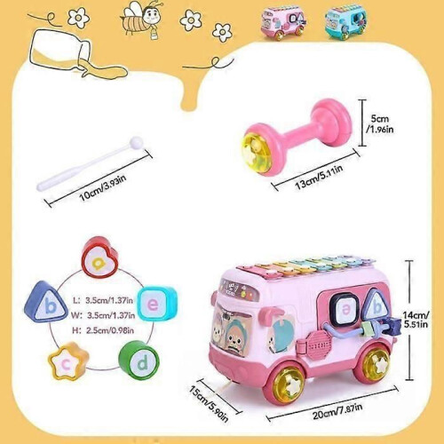 Bus musical pour bébé avec xylophone, jouet interactif pour ramper (rose) 2