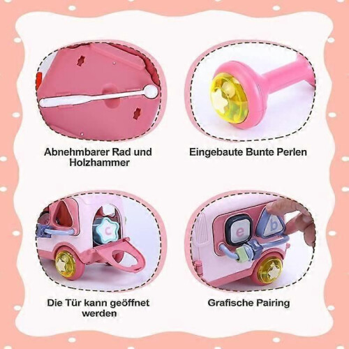 Bus musical pour bébé avec xylophone, jouet interactif pour ramper (rose) 1