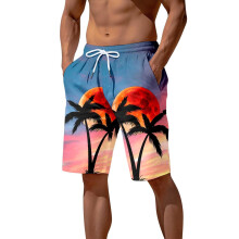 Men's Neon Beach Shorts XXL, Casual Printed Swim Shorts with Beach Sunset Design, Comfortable Turtleneck Style in Rosa