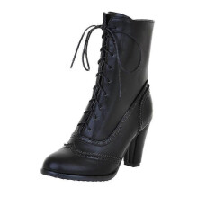 (37.5, Black) Women Classic Pointed Leather Lace-up High-heeled Boots Middle Tube  Boots JHE