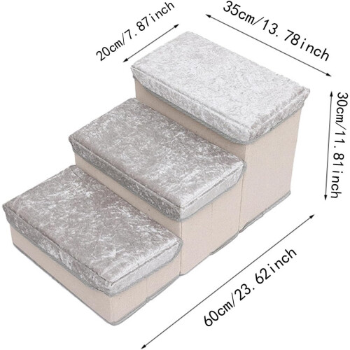 3-Step Dog Staircase with Storage, Foldable for High Beds or Sofas, Grey, Portable Pet Step Ladder 1
