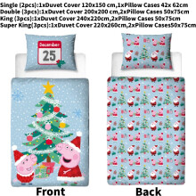 (200x200cm) Pig Christmas Peppa Festive Print Duvet Cover Pillowcase Set Cartoon Bedding