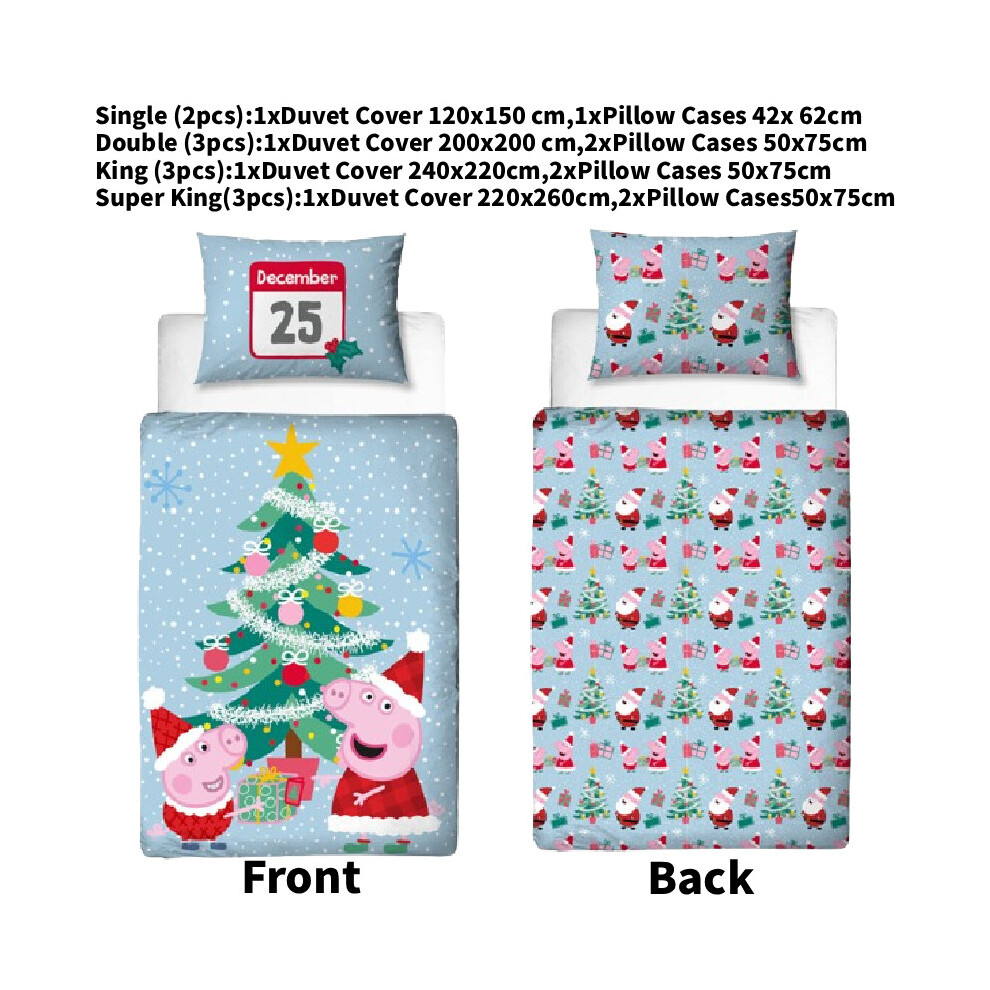 (200x200cm) Pig Christmas Peppa Festive Print Duvet Cover Pillowcase Set Cartoon Bedding