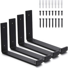Black Shelf Brackets 4-Pack, 23 cm Triangle Brackets, Industrial L-Shape Right Angle Wall Shelf Supports with Screws and Dowels