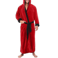(L, Red Black) Men Fleece Long Dressing Gown Hooded Bath Robe Nightwear CHN