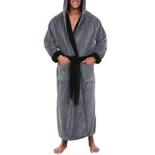 (S, Grey Black) Men Fleece Long Dressing Gown Hooded Bath Robe Nightwear CHN
