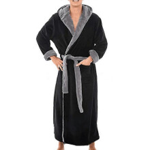 (S, Black Grey) Men Fleece Long Dressing Gown Hooded Bath Robe Nightwear CHN