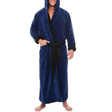 (2XL, Dark Blue Black) Men Fleece Long Dressing Gown Hooded Bath Robe Nightwear CHN