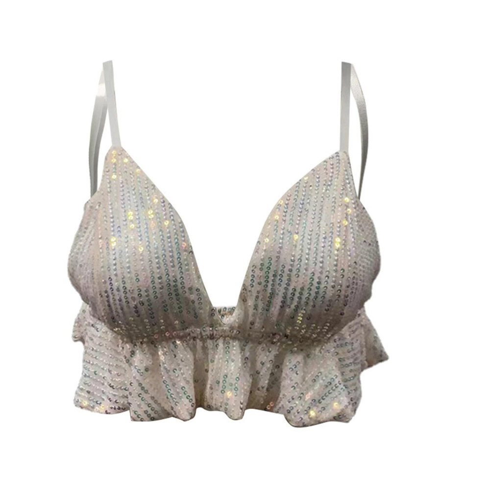 Women's Rhinestone Bustier Crop Top XL Light Pink Push Up Shimmer Camisole Backless Blouse Party Vest Top
