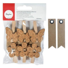 6 Wäscheklammern Holz Blumen &amp; Schmetterlinge Kork + 20 Kraftpapier Etiketten Wimpel