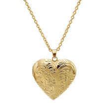 Heart Locket Necklace with Engraved Flowers, Gold Photo Locket Pendant Chain for Women and Girls