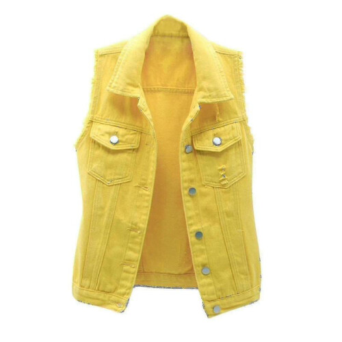 (M, Yellow) Women Spring And Autumn Coats Solid Sleeveless Denim Jacket Outerwear