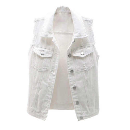 (L, White) Women Spring And Autumn Coats Solid Sleeveless Denim Jacket Outerwear 1