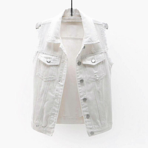 (L, White) Women Spring And Autumn Coats Solid Sleeveless Denim Jacket Outerwear