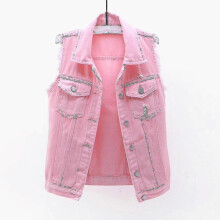 (M, Pink) Women Spring And Autumn Coats Solid Sleeveless Denim Jacket Outerwear