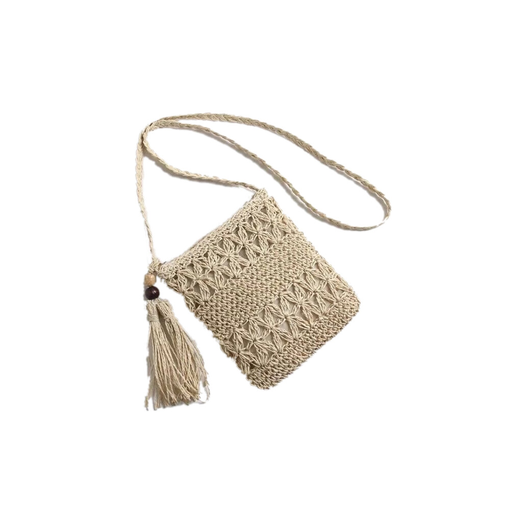 Straw Satchel Weave Bag Hand Knitting Square Shape Beige