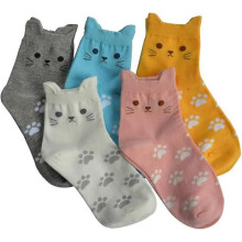 (45389, Cat) 5 Pairs Cotton Socks for Women Size 4-7 Over-ankle Length Animal Themed Cute Patterns Gift for Kids