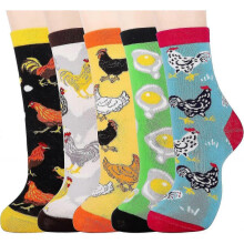(45389, Multicolor-chicken) 5 Pairs Cotton Socks for Women Size 4-7 Over-ankle Length Animal Themed Cute Patterns Gift for Kids