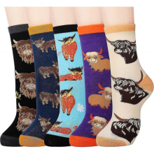 (45389, Multicolor-highland cow) 5 Pairs Cotton Socks for Women Size 4-7 Over-ankle Length Animal Themed Cute Patterns Gift for Kids