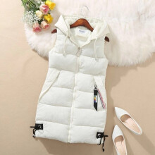 (Beige white, Tag L=UK XS) LADIES WOMENS HOODED LONG LINE WARMER JACKET PUFFER GILET JACKET PADDED TOP BODY
