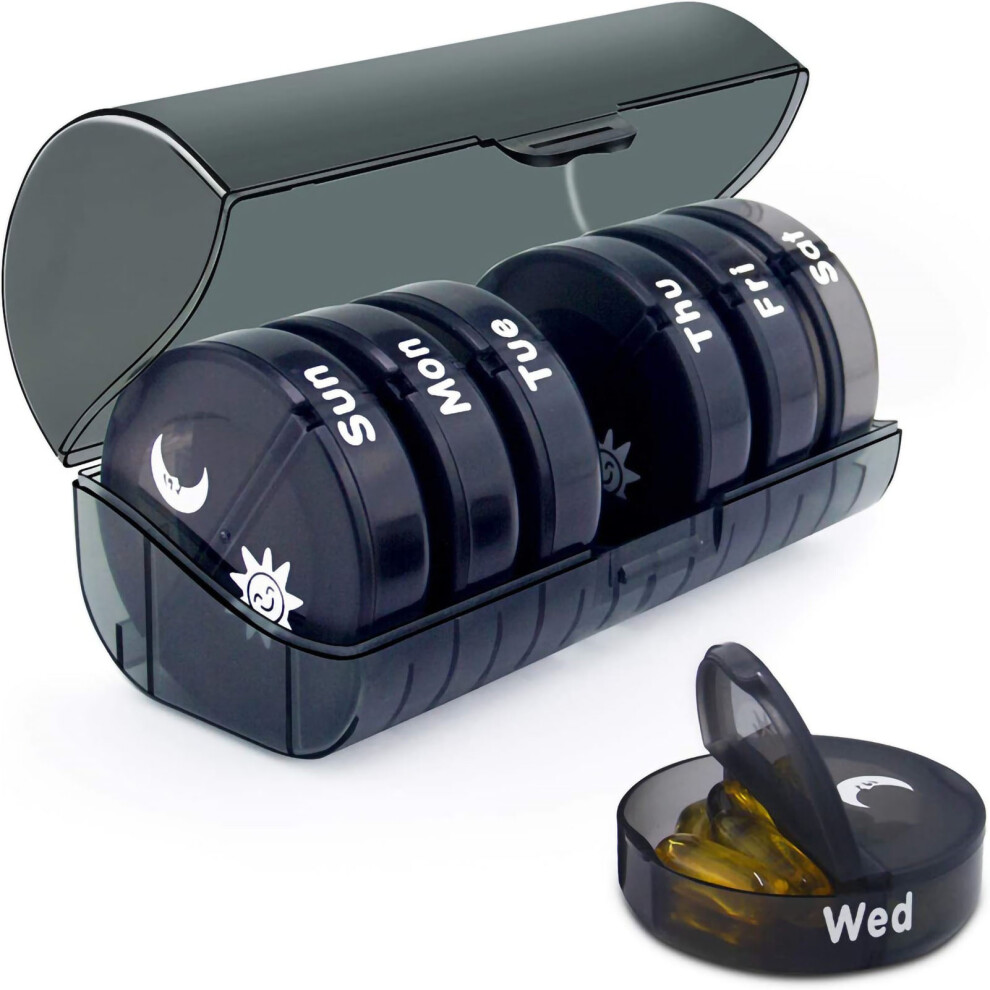 Black Round Mini Pill Case Moisture Proof 14 Compartment