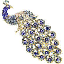 Large Size Elegant Art Deco Style Craft Beautiful Peacock Animal Crystal Rhinestone Brooch Pins Pendant for Women Girls Blue, Base metal