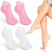 2 Pairs of Silicone Moisturizing Socks to Soften Dry, Cracked, Rough Skin on Feet with Non-Slip Aloe Vera Socks - Pink and White