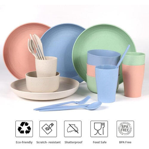 Camping Tableware Set for 4 People Plastic Camping Tableware Set Picnic Tableware with Plate Set, Bowl, Cup, Cutlery Set 2