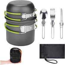 Camping Cookware Set, Aluminium Camping Pot, Outdoor Cookware with Foldable Cutlery, Camping Tableware for 2 People (Green)
