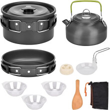 Camping Cookware Set Pan Teapot Pot 10-Piece Outdoor Picnic Pots Aluminium for 2-3 People