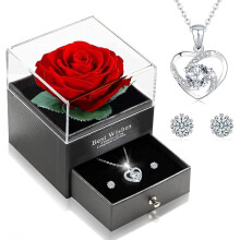 Eternal Real Rose with Heart Necklace and Earrings Made of 925 Sterling Silver, Infinity Roses, Jewellery Gift Box, Rose Box Birthday