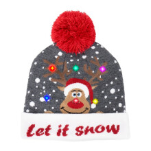 LED Christmas Hat Knitted Beanie Kids Winter Pom Pom Flashing Light Up Xmas Caps
