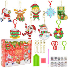 9Pcs Christmas Diamond Painting Keychain,DIY Diamond Art Painting Keyrings Kits Key Pendant/Bag/Christmas Tree Decor