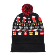 LED Christmas Hat Knitted Beanie Kids Winter Pom Pom Flashing Light Up Xmas Caps