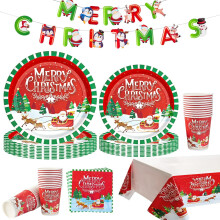 Christmas Plates and Napkins Sets for 25 Guests,with Paper Plates and Cups and Napkins, Straws, Banner, Tablecloth (Christmas Set-4)
