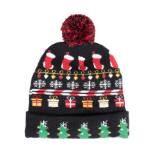LED Christmas Hat Knitted Beanie Kids Winter Pom Pom Flashing Light Up Xmas Caps