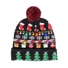 LED Christmas Hat Knitted Beanie Kids Winter Pom Pom Flashing Light Up Xmas Caps
