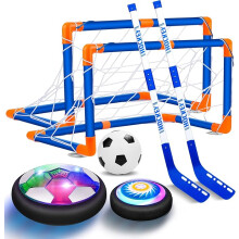 Toy Hover Hockey Football Set with 3 Goals, Rechargeable Floating Air Football with LED Lights and Foam Bumpers