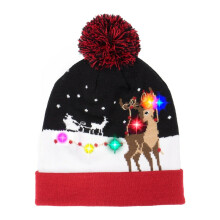 LED Christmas Hat Knitted Beanie Kids Winter Pom Pom Flashing Light Up Xmas Caps