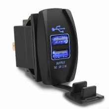 12V Dual USB Charger with Rocker Switch and Blue LED Light for Automotive and Marine Use, IP66 Waterproof Ref: 5203i